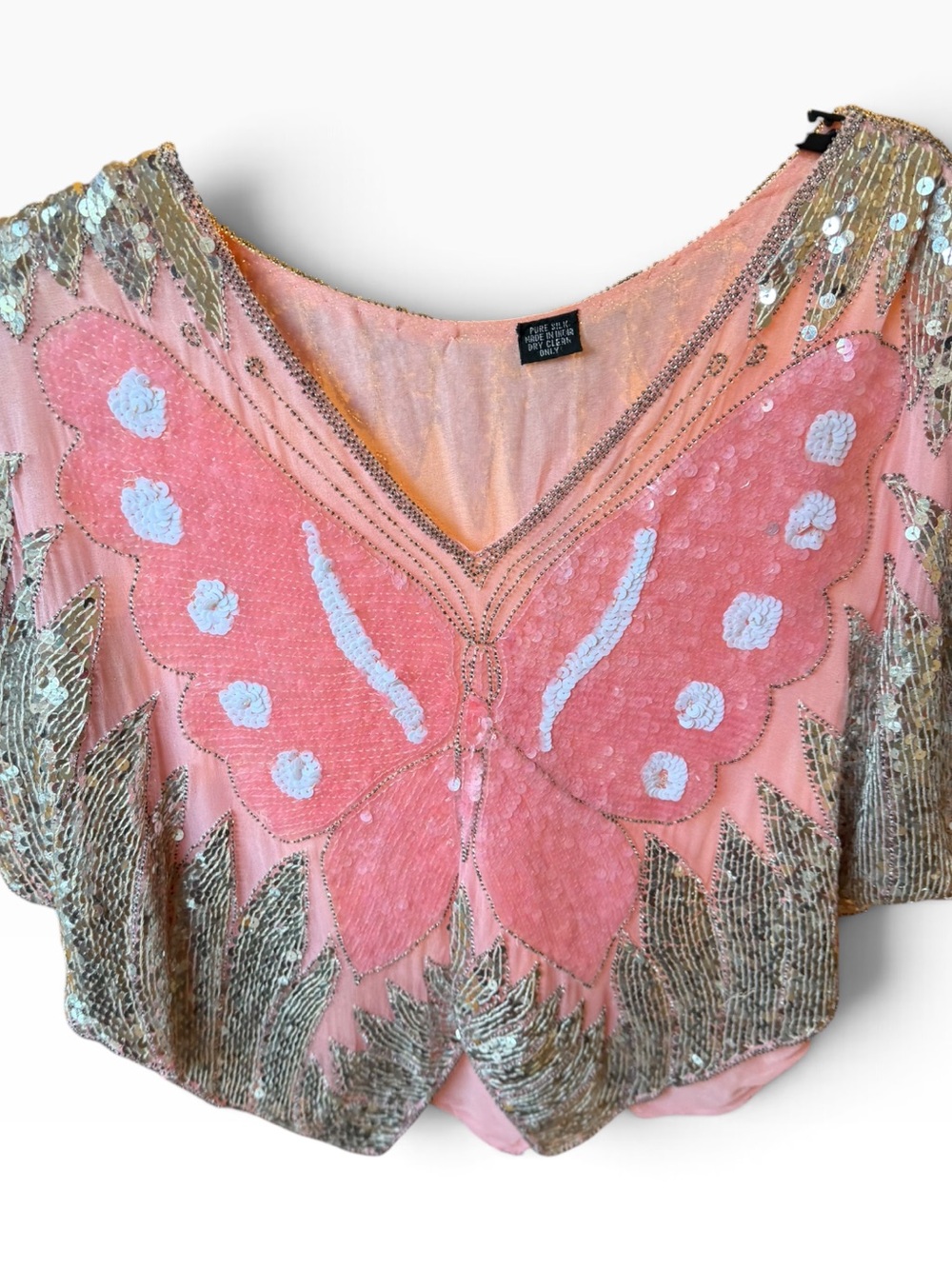 Vintage Pure Silk Butterfly Sequin Top Pink Gold Beaded Y2K Fairycore India